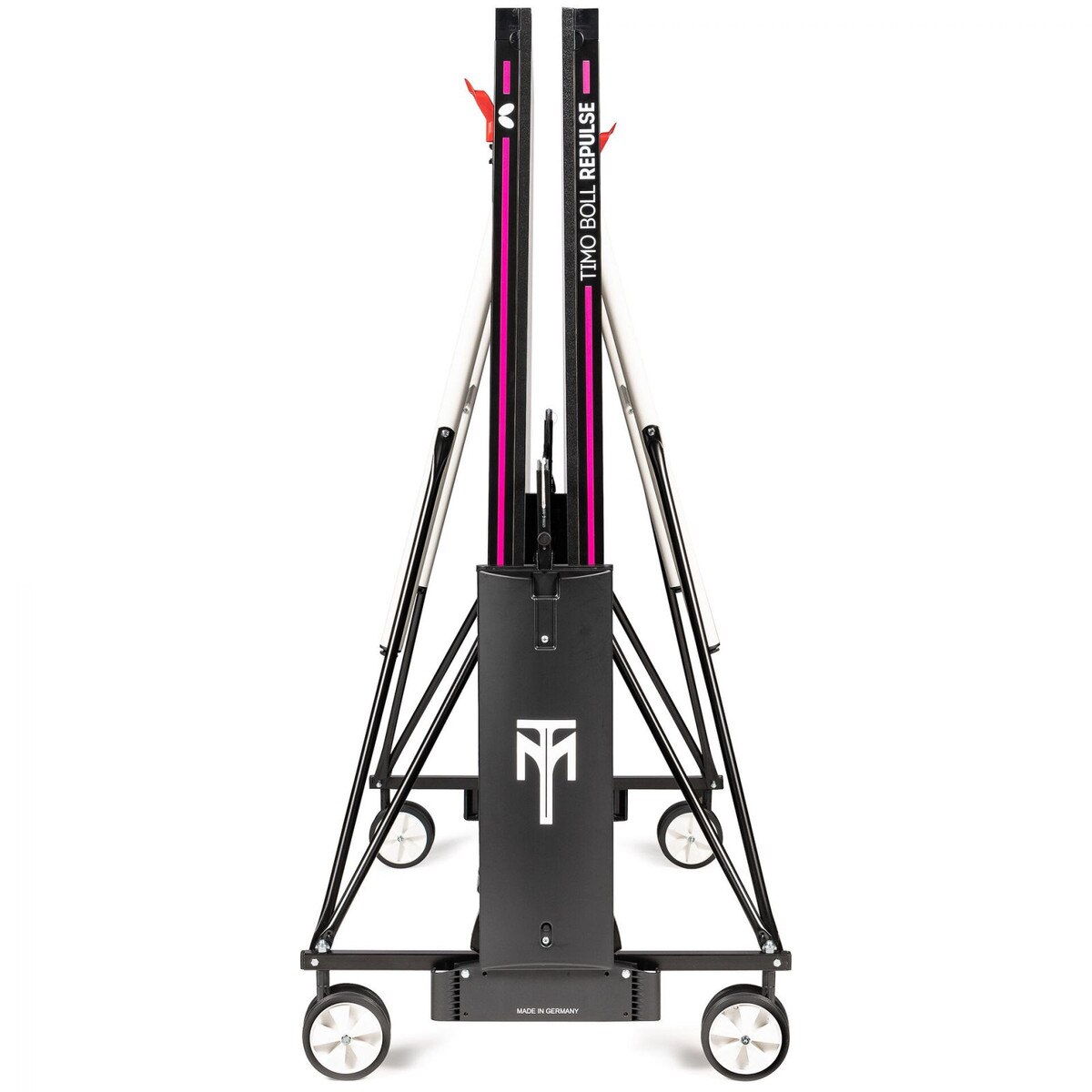 The Butterfly Timo Boll Repulse Indoor Ping Pong Table is shown in the full storage position in a side profile.